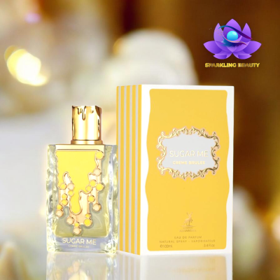 Frasco e caixa de perfume Sugar Me Creme Brulee amarelo e dourado