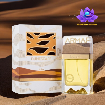 Frasco de perfume ARMAF DUBAI amarelo com caixa branca decorada em areia