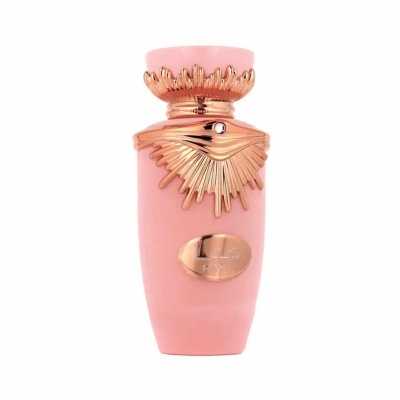 Frasco de perfume rosa com detalhes dourados