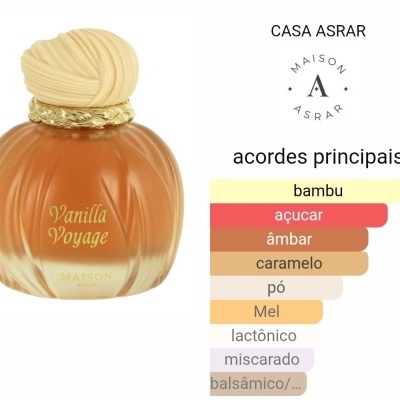 Frasco de perfume Vanilla Voyage em vidro com tampa creme e dourado, texto CASA ASRAR e lista de acordes principais