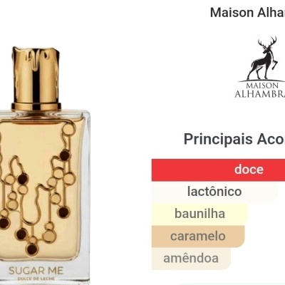 Frasco de perfume SUGAR ME DULCE DE LECHE com tampa dourada e detalhes dourados