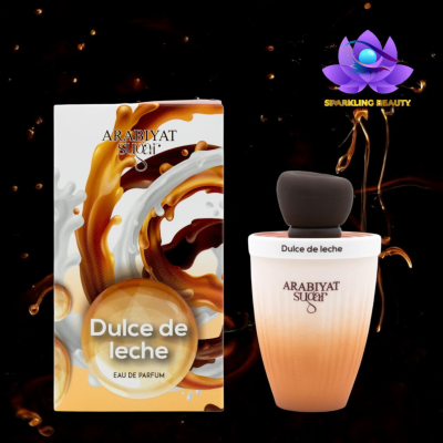 Frasco de perfume Arabiyat Sugar Dulce de leche com tampa preta e caixa decorada em tons de caramelo