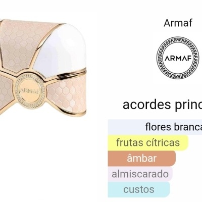 Frasco de perfume Armaf branco e bege com detalhes dourados e lista de acordes principais