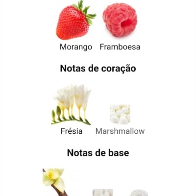 Notas de perfume com morango, framboesa, frésia, marshmallow, baunilha, almíscar e chantilly