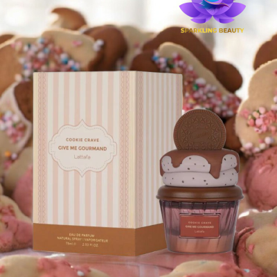 Frasco de perfume e caixa Cookie Crave Give Me Gourmand Lattafa com biscoitos decorados coloridos