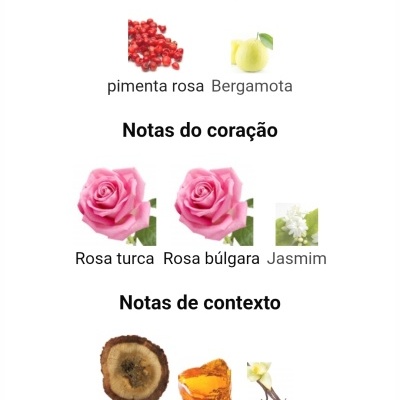 Ingredientes de fragrância: pimenta rosa, bergamota, rosa turca, rosa búlgara, jasmim, oud, âmbar e baunilha
