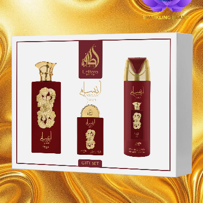 Conjunto de três perfumes vermelhos com detalhes dourados em caixa branca com texto Lettner e Gift Set