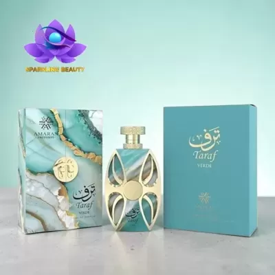 Perfume Taraf Verde com embalagem azul marmoreado e caixa azul