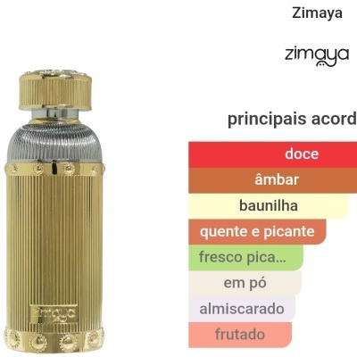 Frasco de perfume dourado com tampa e texto descritivo de fragrância em português