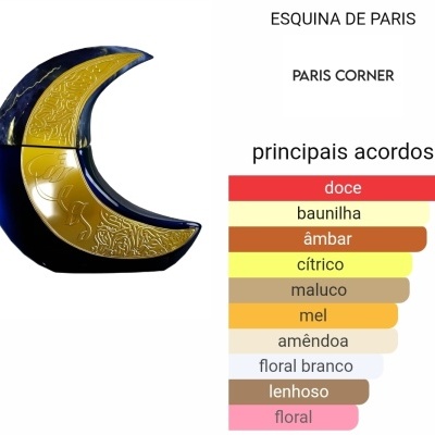 Frasco de perfume lua crescente azul e amarelo com texto ESQUINA DE PARIS e lista de principais acordos