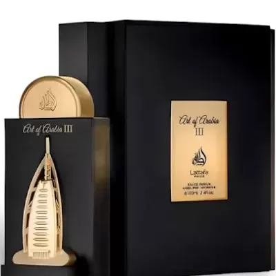 Frasco de perfume com caixa preto e dourado com texto Oud of Arabia III