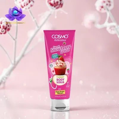 Tubo rosa de esfoliante corporal com imagem de cupcake e morangos