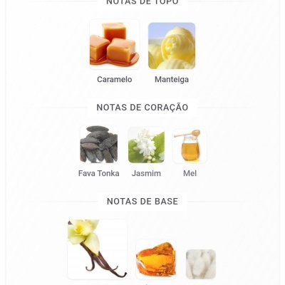 Notas olfativas de caramelo, manteiga, fava tonka, jasmim, mel, baunilha, âmbar, almíscar