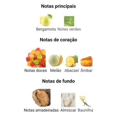 Notas olfativas de fragrância divididas em principais, coração e fundo com imagens representativas