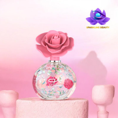 frasco redondo de perfume com tampa rosa em forma de rosa e desenhos florais