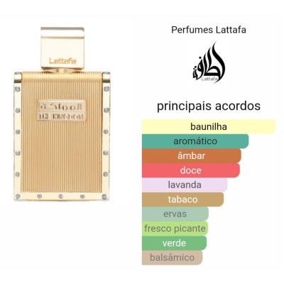 Frasco dourado de perfume Lattafa com lista de fragrâncias em português