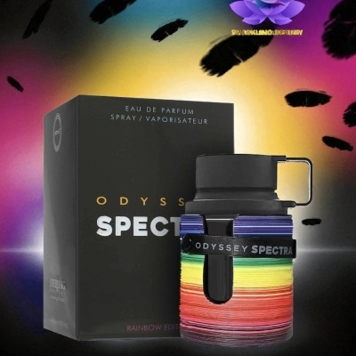 Frasco de perfume Odyssey Spectra com embalagem preta e design colorido em fundo multicolorido