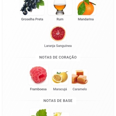 Notas de topo, coração e base com frutas, especiarias e aromas