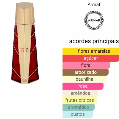 Frasco de perfume Armaf Fluid Sky em vidro vermelho com tampa dourada e lista de acordes principais colorida à direita