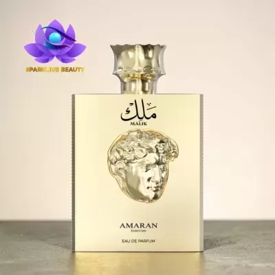 Frasco de perfume dourado com relevo de rosto e texto MALIK, AMARAN PARFUMS, EAU DE PARFUM