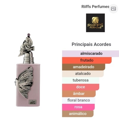 Frasco de perfume rosa com borboletas metálicas prateadas e lista de acordes olfativos.
