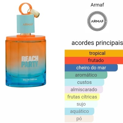 Frasco de perfume Armaf Beach Party em azul e laranja com texto branco e gráfico de fragrância