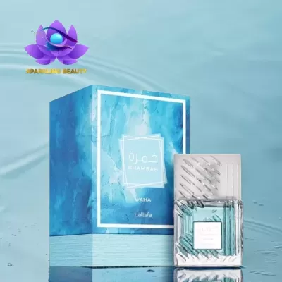 Perfume KHAMRAH WAHA Lattafa com embalagem azul e vidro prateado