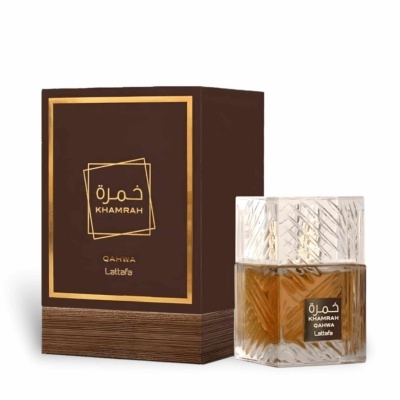 Perfume Khmrah Qahwa Lattafa com embalagem marrom e frasco transparente