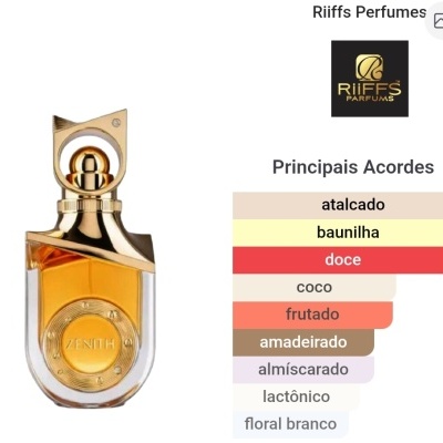 Frasco dourado de perfume Zenith com gráfico de acordes principais em português.