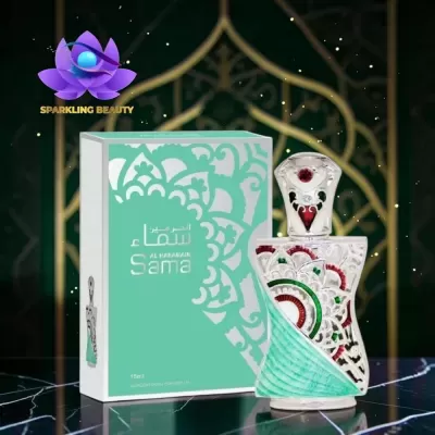 Frasco de perfume decorado colorido com caixa azul claro e branca