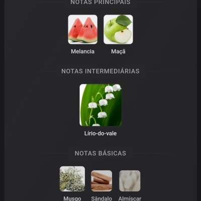 Notas principais, intermediárias e básicas com imagens de melancia, maçã, lírio-do-vale, musgo, sândalo e almíscar