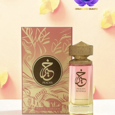 Frasco e caixa de perfume Peach's Revenge da Paris Corner com design dourado e rosa