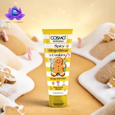 Esfoliante corporal COSMO delicious Spicy Gingerbread Cookies em tubo amarelo com riscas brancas