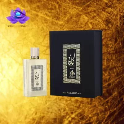 Frasco e caixa de perfume Gatan Gold em fundo dourado