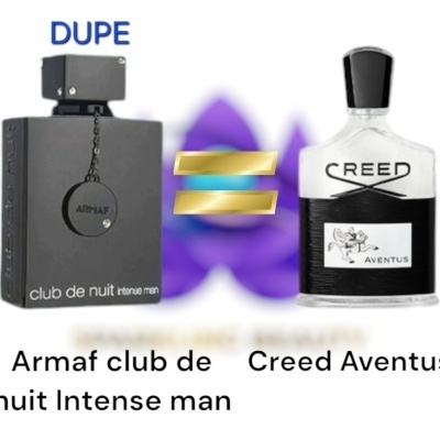 Dois frascos de perfume Armaf Club de Nuit Intense Man e Creed Aventus lado a lado com símbolo de igual