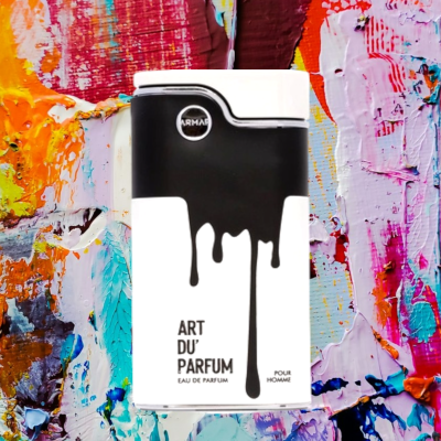 Frasco de perfume ART DU PARFUM em fundo colorido de pintura abstracta