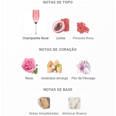 Notas de topo: Champanhe Rosé, Lichia, Pimenta Rosa; Notas de coração: Rosa, Amêndoa Amarga, Flor de Pêssego; Notas de base: Notas Amadeiradas, Almíscar Branco.