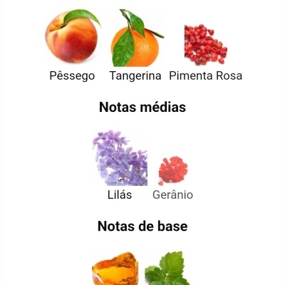 Notas de topo, médias e base de um produto com imagens de pêssego, tangerina, pimenta rosa, lilás, gerânio, âmbar e patchouli