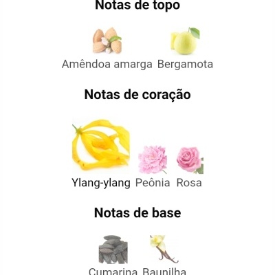 Notas de topo, coração e base com amêndoa amarga, bergamota, ylang-ylang, peónia, rosa, cumarina e baunilha