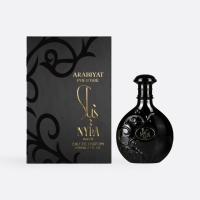 Frasco e caixa de perfume preto com detalhes dourados e relevo