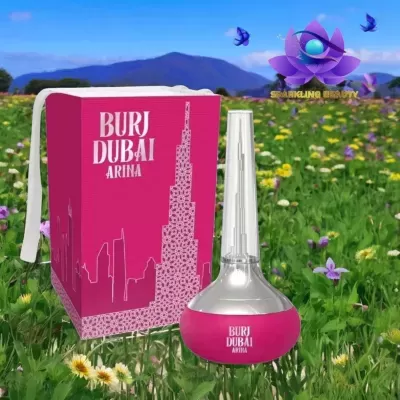 Frasco e caixa de perfume Burj Dubai Arina em campo florido