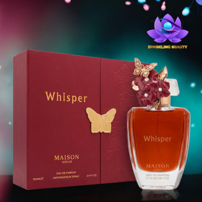 Frasco de perfume Whisper MAISON ASRAR com decoração floral e borboletas, ao lado da caixa bordô com texto dourado