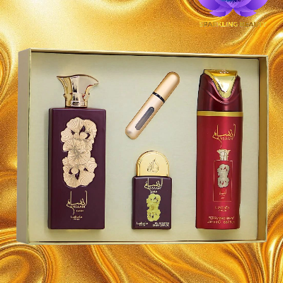 Conjunto de perfume e cosméticos vinho e dourado em embalagem dourada com fundo dourado brilhante