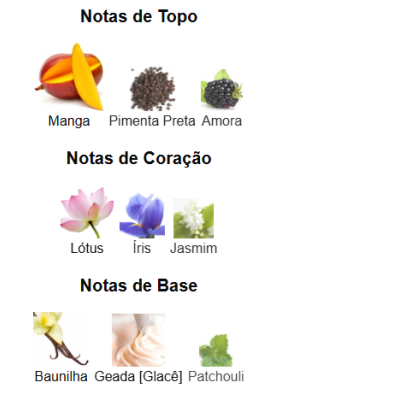 Notas de Topo, Coração e Base de fragrância com imagens de ingredientes