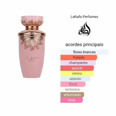 Frasco rosa de perfume HAYA com tampa dourada e lista de acordes principais ao lado
