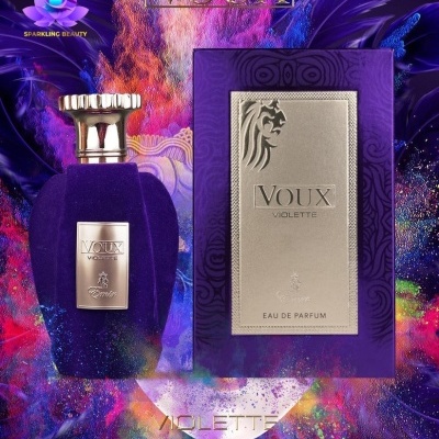 Frasco e caixa de perfume roxo e dourado Voux Violette com fundo colorido