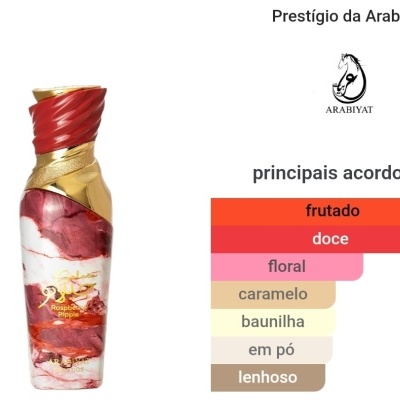 Frasco decorativo marmoreado vermelho, branco e rosa com tampa dourada e vermelho, texto dourado, gráfico colorido de principais acordos aromáticos