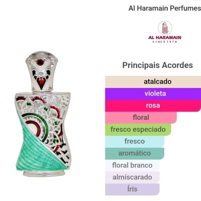 Frasco de perfume decorativo prateado com detalhes vermelhos e verdes e tampa com pedras decorativas