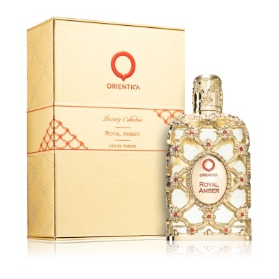 Frasco de perfume Royal Amber com embalagem dourada