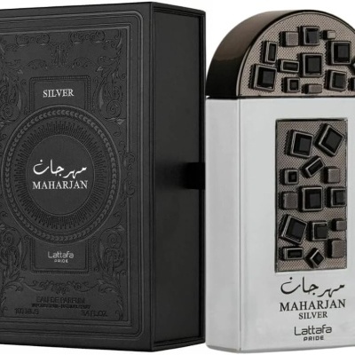 Frasco de perfume MAHARJAN SILVER com caixa preta decorada